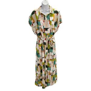 LDT Maxi Dress Women 12 Geometric Button Front Belted Stretch Pockets Career